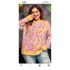JM Boutique Leopard Print Crew Neck Knit‎ Sweater Yellow Pink Blue Size M